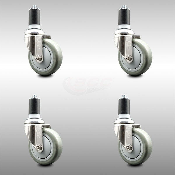 4 Inch 316SS Gray Polyurethane Swivel 1-1/2 Inch Expanding Stem Caster Set SCC